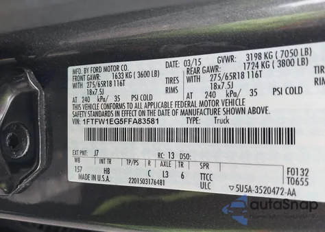 2015 Ford F-150 Lariat z USA, uszkodzony, nr VIN 1FTFW1EG5FFA83581